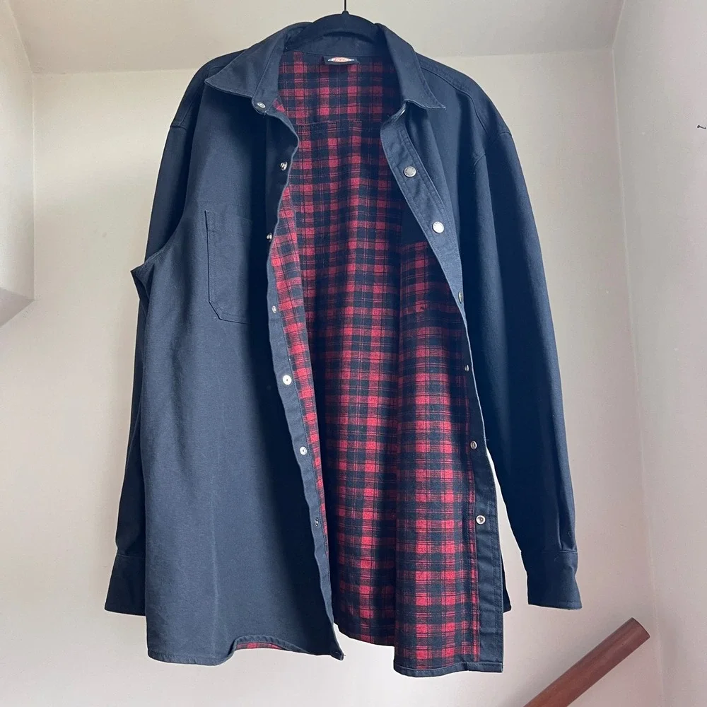 Dickies Flannel Lined Work Shirt XL Black Canvas Snap Front Plaid Lined Jacket
